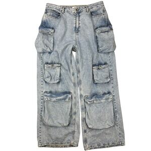 Forever 21 Premium Denim Cargo Pants Wide Leg Pockets Light Wash‎ Jean Size 10